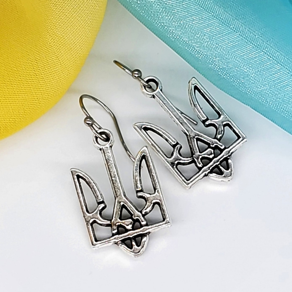 🇺🇦  Peace for Ukraine UKRAINIAN Trizub  Silver Earrings Freedom INDEPENDENCE